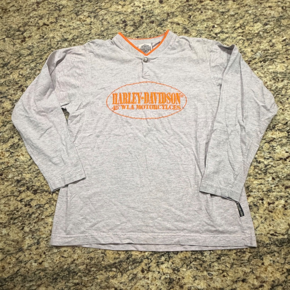 Harley-Davidson 45 WLA Motorcycles Grey Orange Long Sleeve Henley Top Men L ws